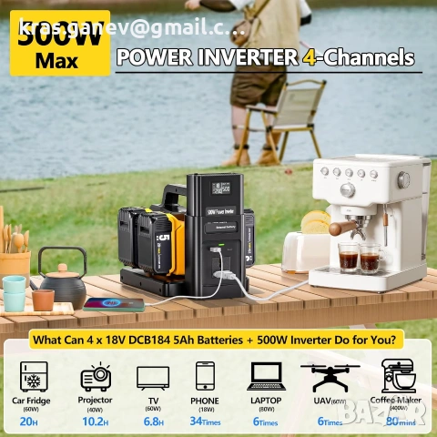 Инвертор 500W Pure Sine Wave за DeWalt 18V батерии, снимка 2 - Друга електроника - 55134381