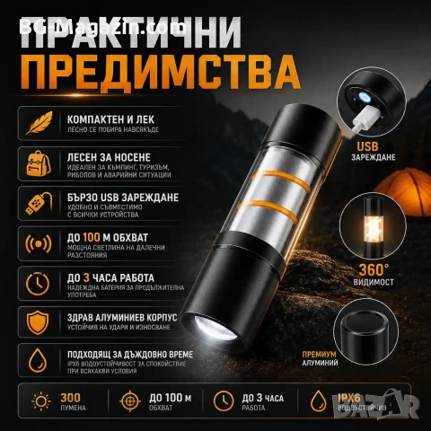 Силен акумулаторен фенер LED къмпинг осветление лампа 300 лумена USB за риболов палатка аварии мощен, снимка 7 - Къмпинг осветление - 51016922