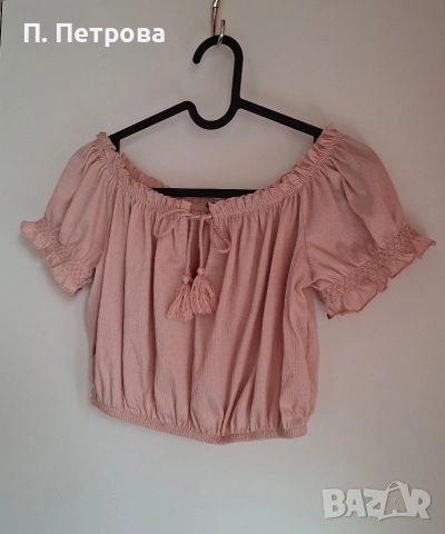 розова къса блузка с голи рамене H&M , снимка 4 - Тениски - 37429598