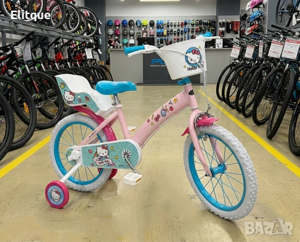 Детски велосипед Hello Kitty 16" с помощни колела, кошница и допълнително задно столче