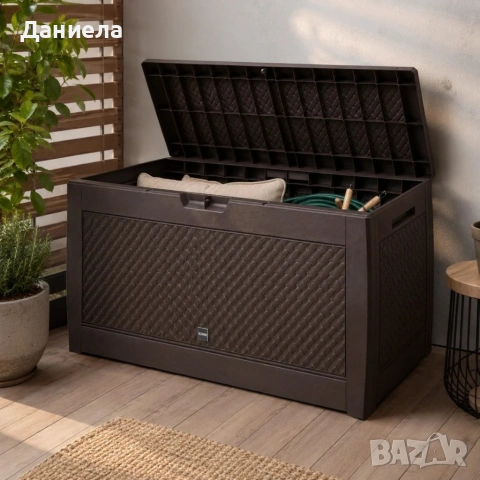 Градинска кутия за съхранение 310L – UV защита, ратанов дизайн, 119 x 48 x 60 см, Кафяв