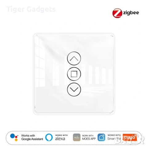 MOES Zigbee Smart Curtain Switch – смарт ключ за електрически завеси и щори с RF433 и стъклен touch 