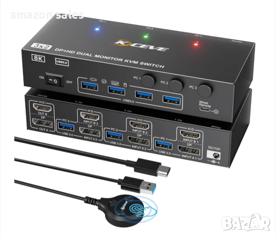8K 60Hz KVM превключвател за 2 монитора и 3 компютъра Displayport и HDMI 4K 144Hz,KCEVE KVM302DH, снимка 3 - Суичове - 54479114