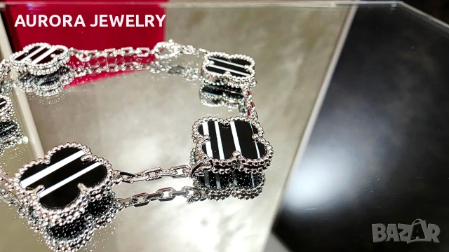 Van Cleef & Arpels VCA 5 Motifs Silver Veined Black Onyx Vintage Alhambra Дамска Гривна, снимка 3 - Гривни - 54710078