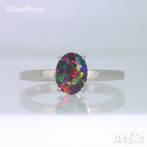 Сребърен пръстен с натурален черен Етиопски Опал със сертификат 