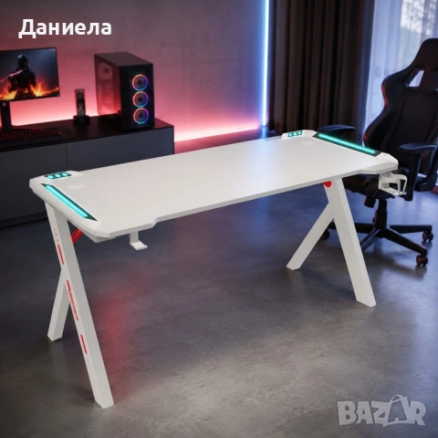Ергономично геймърско бюро 140 см, бяло – С LED светлини, поставка за чаша и кука за слушалки