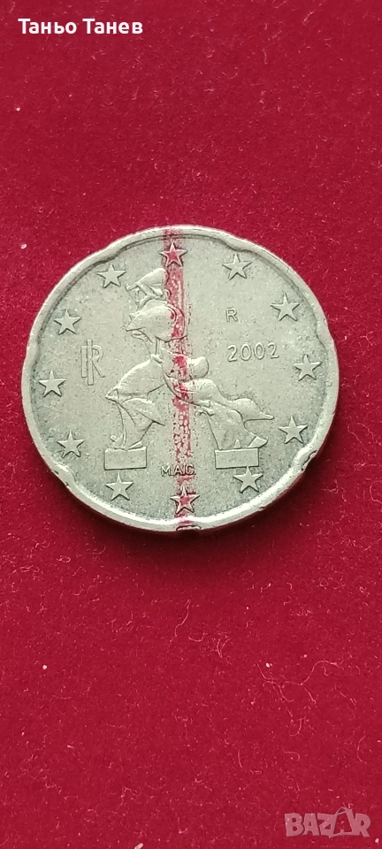 Рядък дефект на Италианска Евро монета от (20)цента-(2002г) , снимка 1