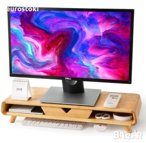 Поставка за монитор Homerays Bamboo, стилна дървена стойка за монитор / лаптоп от бамбук, с чекмедже