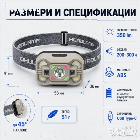 Мощен челник със сензор LED фенер за глава презареждащ се USB за къмпинг лов риболов бягане палатка, снимка 7 - Къмпинг осветление - 50878077