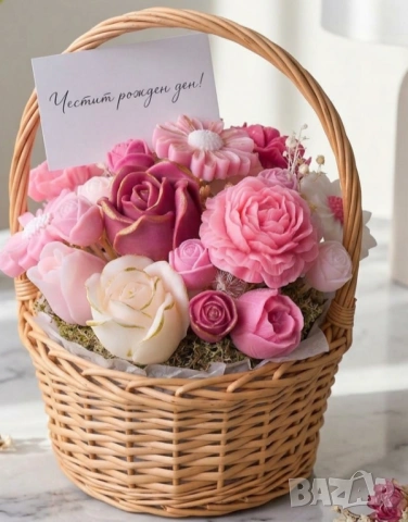 🌷 Ръчно изработени кошници със сапунени цветя и свещи по поръчка., снимка 13 - Декорация за дома - 54886585