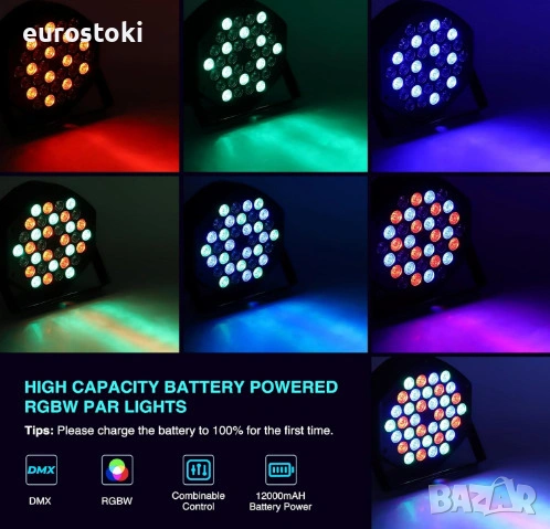 Акумулаторни RGB диско светлини Litake, комплект от 4 LED прожектора, безжчини сценични светлини, снимка 6 - Прожектори - 54628936