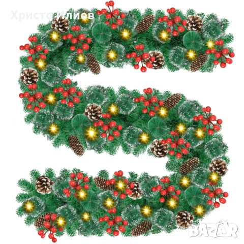 Коледен гирлянд с лампички шишарки и червени плодове окрасен 274см