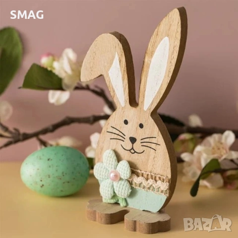 Великденско настолно дървено декоративно зайче с цвете, 8.5x4.5x17 см_1248342, снимка 3 - Декорация за дома - 54226647
