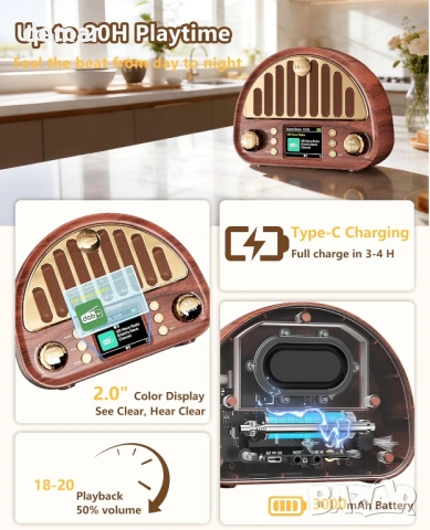 Винтидж DAB+/FM цифрово радио с Bluetooth, ретро преносимо, 3000mAh, снимка 5 - Радиокасетофони, транзистори - 54040290