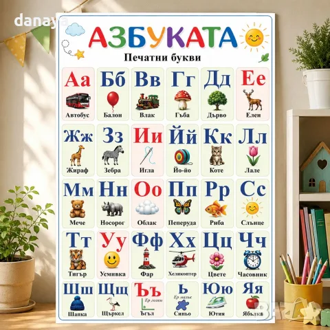 6910 Табло Българска азбука – Печатни букви с картинки, А4 формат
