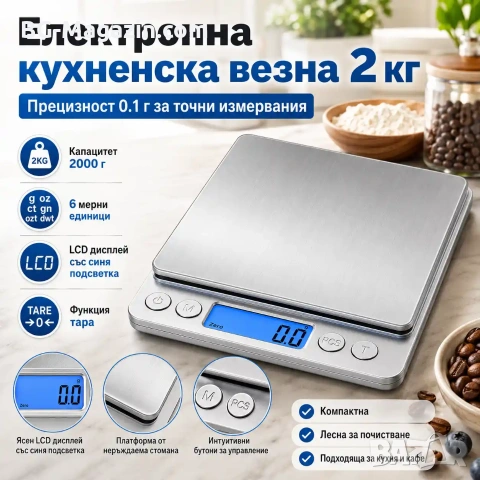 Професионална точна електронна кухненска везна дигитален кантар за кафе храна добавки кухня до 2кг, снимка 8 - Везни - 50921433