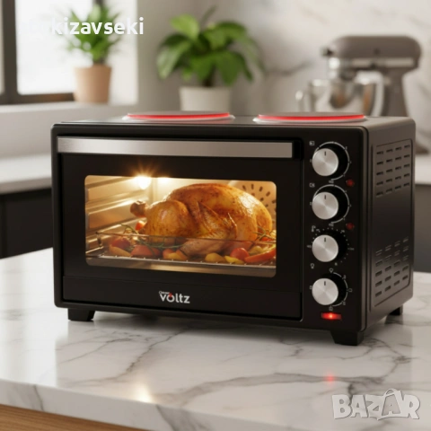 Готварска печка Voltz с фурна и 2 котлона 3200W, компактна електрическа печка за кухня, снимка 6 - Печки, фурни - 54046207