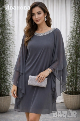 Официална сива рокля с камъни и пайети.