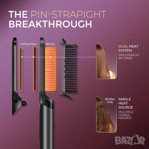 Четка преса за коса TYMO Flat Iron Hair Straightener Brush 2 in 1 200M Ions Ceramic Black, снимка 4 - Преси за коса - 54683636