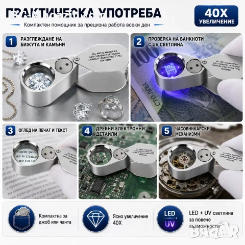 Бижутерска мощна джобна ръчна лупа сгъваема LED осветление УВ светлина камъни злато бижута 40X, снимка 3 - Други инструменти - 50919702