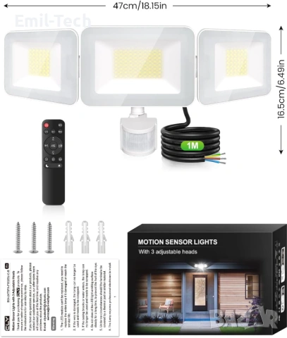Мощен LED прожектор MEIHUA 100W, 9600LM, 3 глави, сензор и дистанционно, снимка 2 - Прожектори - 54779713