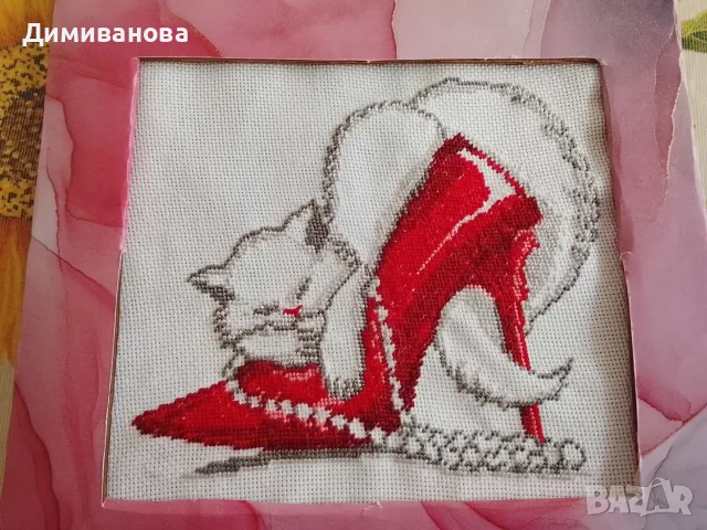 Готов гоблен Коте с обувка, снимка 2 - Гоблени - 55588744