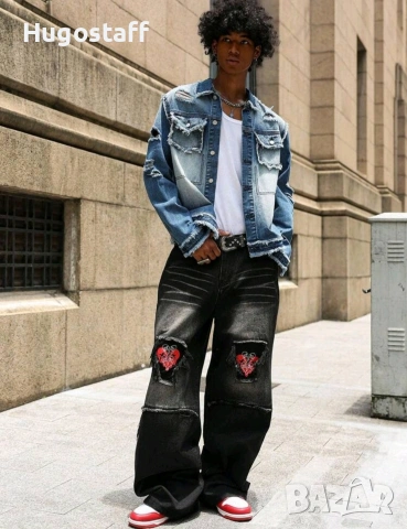 Ново мъжко карго дънково яке риза Street Style накъсан вид овърсайз изтъркано деним памук ХЛ, снимка 4 - Якета - 54843667
