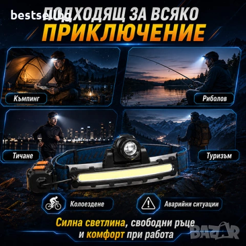 Зареждащ USB челник LED фенер за глава мощна лента сензор за движение, снимка 3 - Къмпинг осветление - 40107009