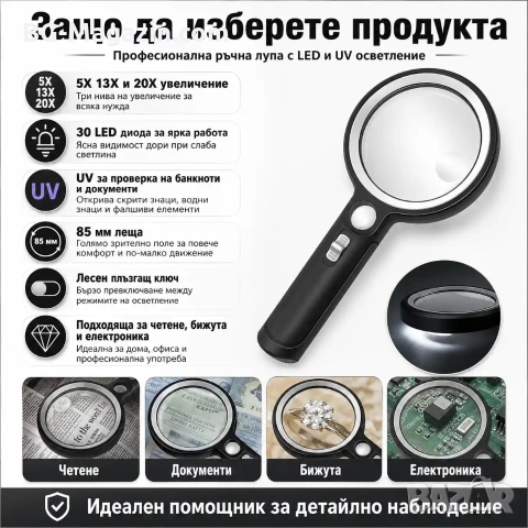 Професионална голяма увеличителна лупа LED и UV осветление мощна 5X 13X 20X стъклена четене на книги, снимка 7 - Други инструменти - 50919783