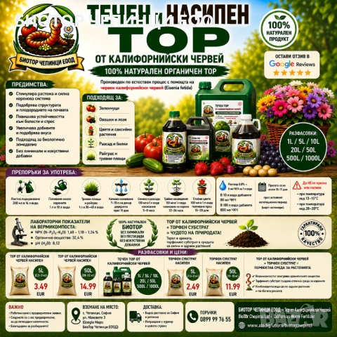 🌿 ТЕЧЕН И НАСИПЕН ТОР ОТ КАЛИФОРНИЙСКИ ЧЕРВЕЙ – ПРЕМИУМ БИОТОР ЗА СИЛНИ РАСТЕНИЯ И БОГАТА РЕКОЛТА 