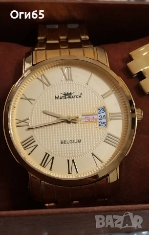 почти нов позлатен 24 карата белгийски Марков мъжки часовник марка"MATS-WATCH" , снимка 5 - Мъжки - 54658070