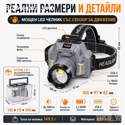 Мощен акумулаторен LED челник със сензор къмпинг лампа фенер за глава лов риболов къмпинг палатка, снимка 4 - Къмпинг осветление - 51178982