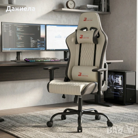 Ергономичен бял геймърски стол с поставка за крака, регулируема височина и 3D подлакътници, снимка 4 - Столове - 54048057