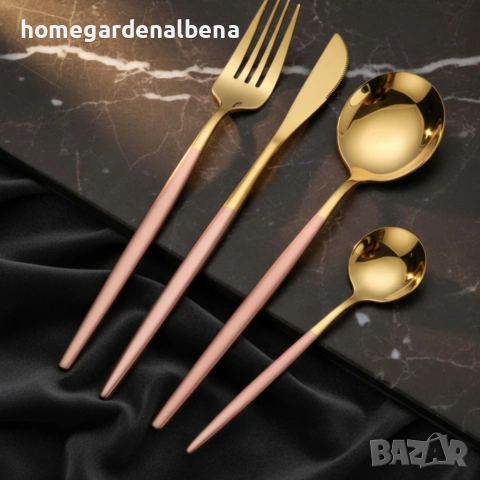 Комплект прибори за хранене 24 части неръждаема стомана златисто розово магнитна кутия, снимка 6 - Прибори за хранене, готвене и сервиране - 54166169