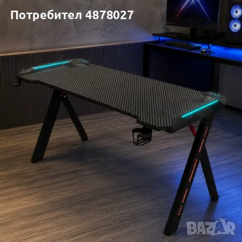 Геймърско бюро 120 см, черно - С поставка за чаша и слушалки, X-образни крака и LED светлини, снимка 4 - Бюра - 55630525
