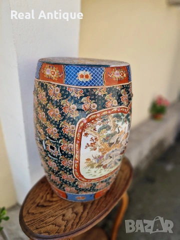 Рядка уникална антикварна китайска порцеланова градинска табуретка Satsuma , снимка 5 - Антикварни и старинни предмети - 54565531