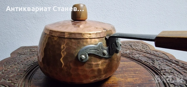 Стара медна касерола с дървена дръжка , снимка 4 - Съдове за готвене - 54751828