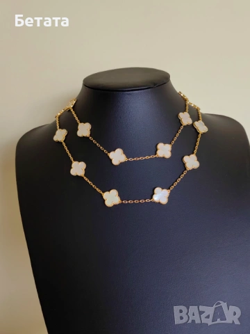 Дълго дамско колие с 20 детелини от бял седеф Van Cleef & Arpels VCA, снимка 4 - Колиета, медальони, синджири - 54357399