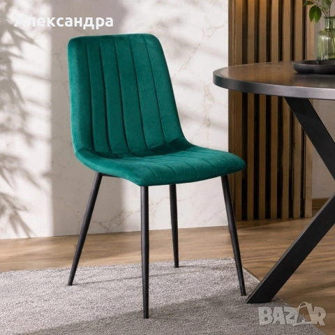 Тапициран кадифен стол - Тъмнозелен, с метални черни крака, до 120 кг, снимка 2 - Столове - 54693811