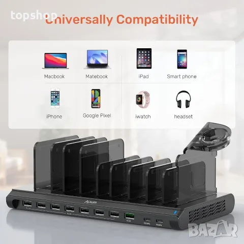 Чисто нова зарядна станция органайзер Alxum 120W 10 Ports USB C PD 60W 18W QC 3.0 за лаптопи таблети, снимка 6 - Друга електроника - 55416105