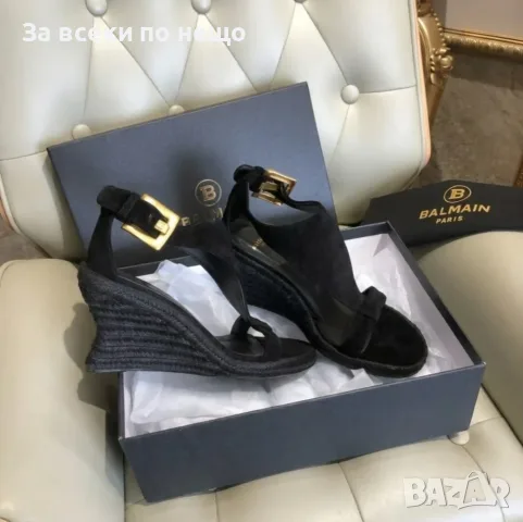 Balmain Suede T-Strap Wedge Sandal "Black/Gold" Дамски Черни Сандали На платформа Код chi2