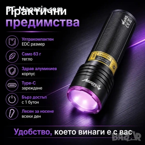 Професионален мощен ръчен ув фенер 365nm UV за камъни фалшиви пари печати акумулаторен USB zoom, снимка 5 - Други инструменти - 54340364