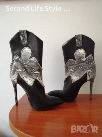 №36 дамски кожени боти ботуши със змийска кожа и кристали, висок тънък ток и остър връх, снимка 5 - Дамски боти - 54218486