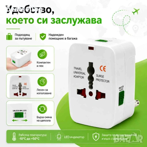Универсален адаптер за пътуване за Европа Великобритания САЩ и над 150 държави, снимка 7 - Друга електроника - 29243015