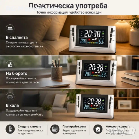 Електронна метеорологична станция с часовник термометър влагомер за дома офиса спалня температура, снимка 7 - Други - 53109070