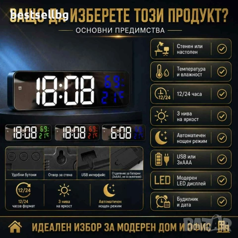 Постоянно светещ електронен настолен часовник на ток с голям дисплей, снимка 4 - Други - 42191011