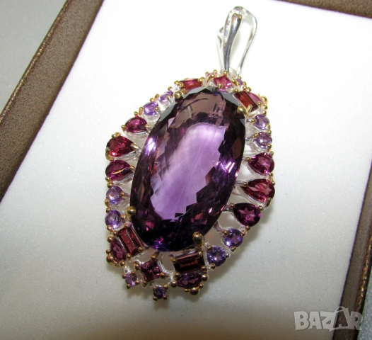 925 сребърно колие с голям аметист 50 карата, снимка 3 - Колиета, медальони, синджири - 54053275