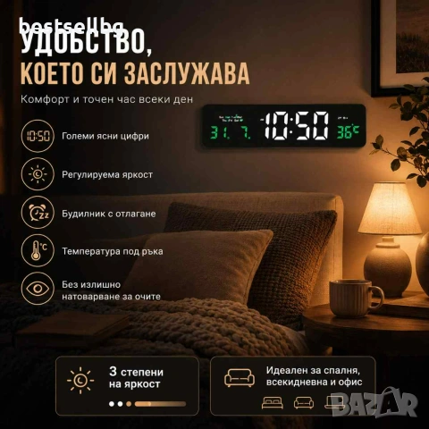 Светещ в тъмното дигитален часовник с термометър голям дисплей на ток, снимка 7 - Други - 42810441