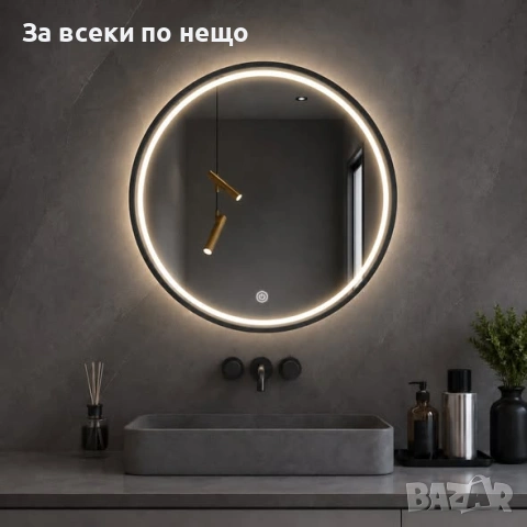 Кръгло LED огледало с черна рамка Ø80 см Код P2729, снимка 2 - Огледала - 55066129