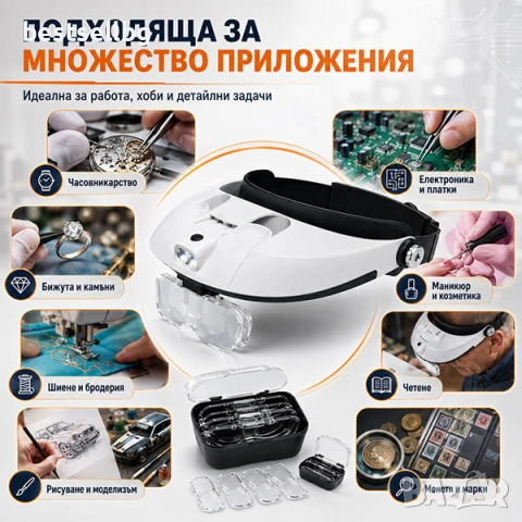 Увеличителна лупа за глава очила LED осветление лампа за часовници зъболекар четене шиене бродиране, снимка 5 - Други инструменти - 25432214